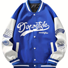 Letter Print Varsity Jacket Men's Casual Button Up Jacket Spring Fall