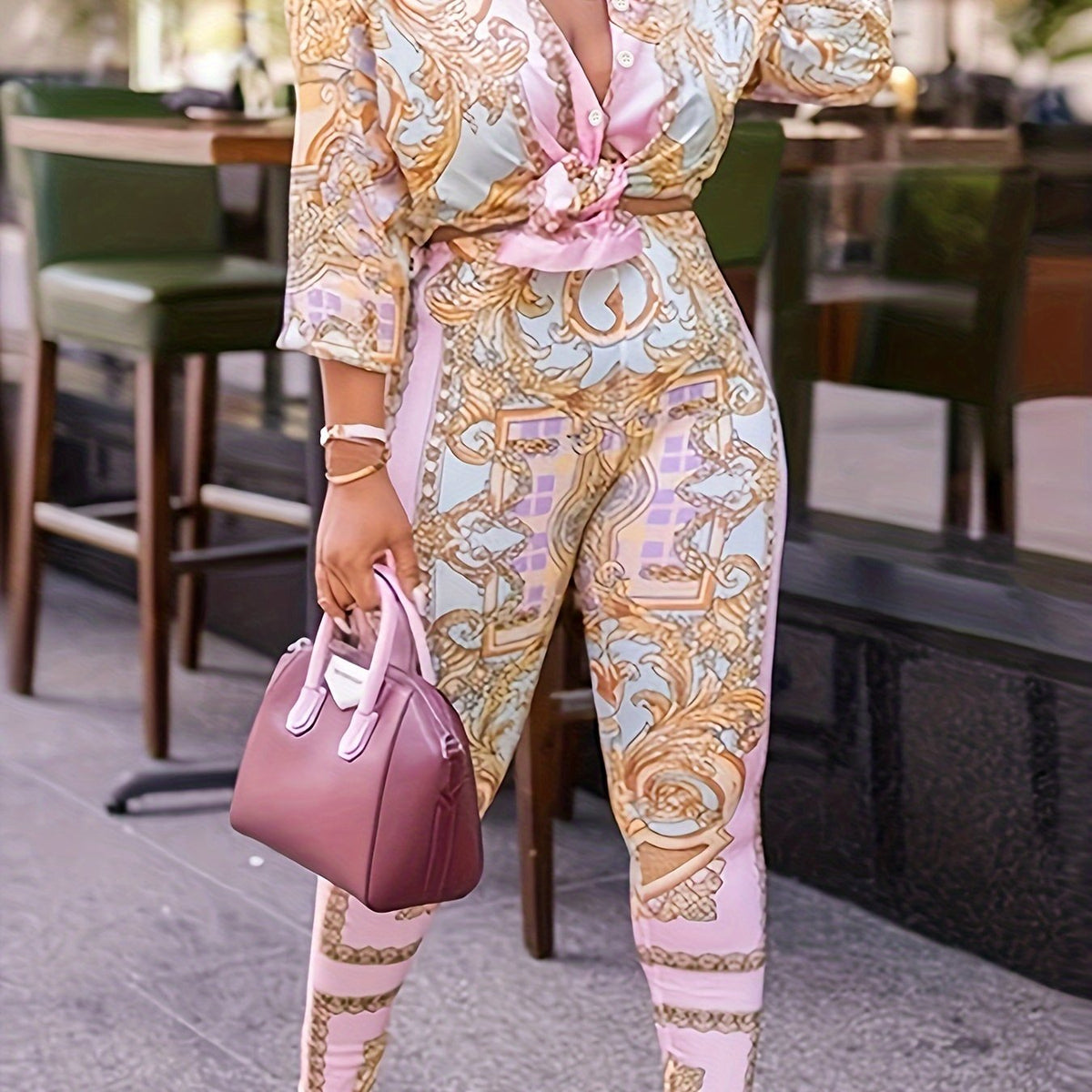  Boho 2 Piece Set: Baroque Print Blouse & Pants