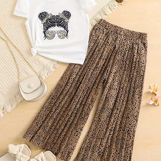 Girls Cartoon Portrait Print T-shirt & Polka Dot Pants Set for Summer