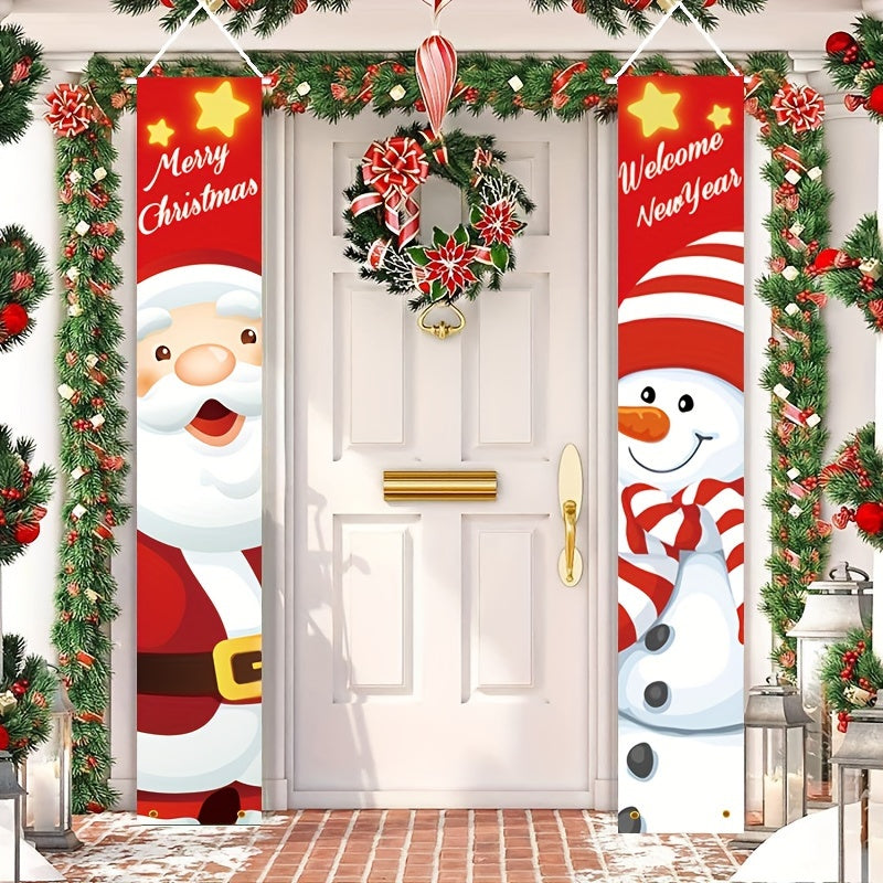 Christmas Porch Sign Santa & Snowman Hanging Banners Home Wall Front Door Decor