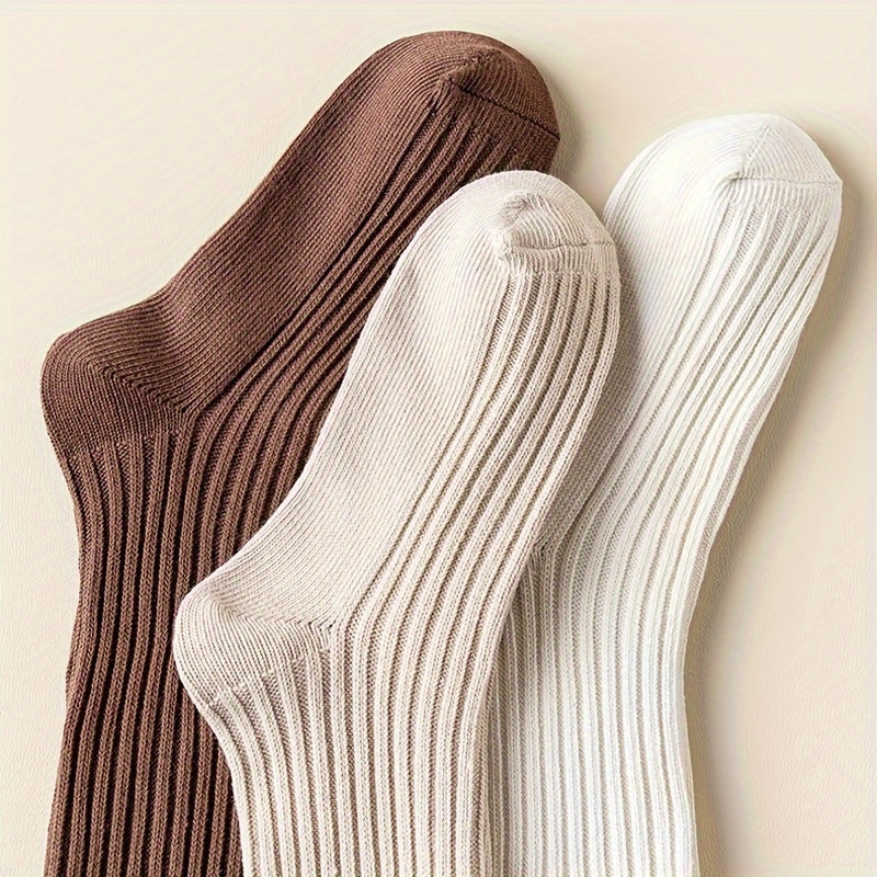 3 Pairs Solid Ribbed Calf Socks Knee High Stockings Women's Hosiery