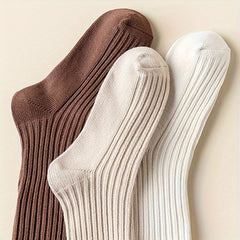 3 Pairs Solid Ribbed Calf Socks Knee High Stockings Women's Hosiery