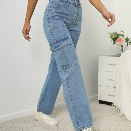 High Waist Flap Pockets Cargo Pants Loose Fitting Straight Legs Denim Pants