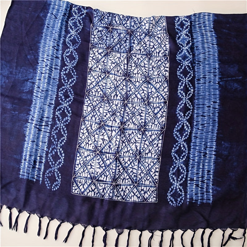 Tie Dyed Tassel Scarf Vintage Print Shawl Boho Windproof Head Wrap