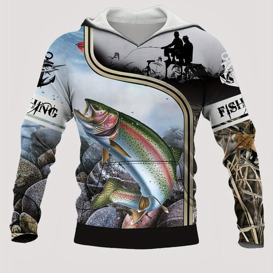 Men's Fishing Print Hoodie with Kangaroo Pocket for Autumn Winter