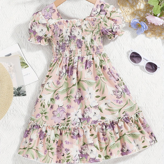 Girls Flower Print Short Sleeve Dress Kids Clothing Spring Autumn