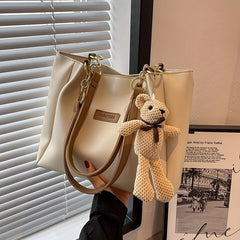 Women's PU Leather Tote Shoulder Bag with Bear Pendant