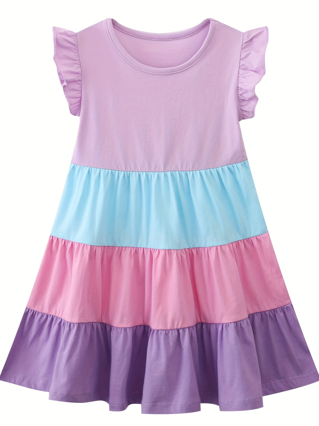 Girls Ruffled Sleeves Crew Neck Block Cotton Loose Dress