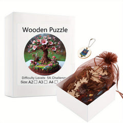 Plywood Puzzle 500 Pieces Vibrant Peach Tree with Mushrooms & Flowers