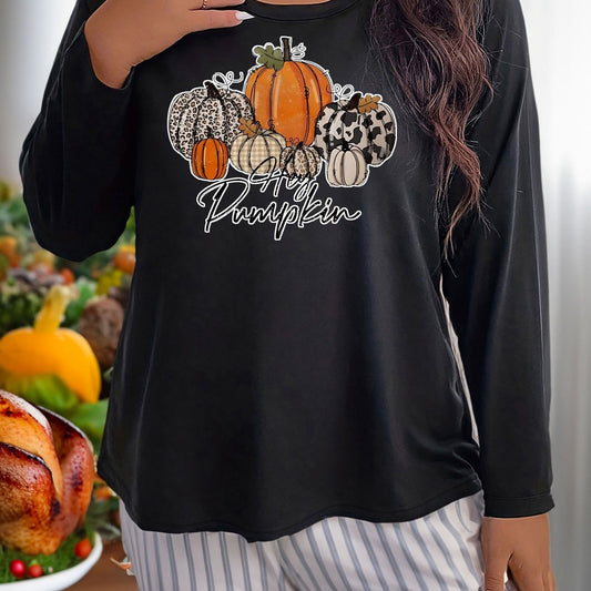 Women's Plus Size Leopard Pumpkin Graphic Long Sleeve Sleepwear Top