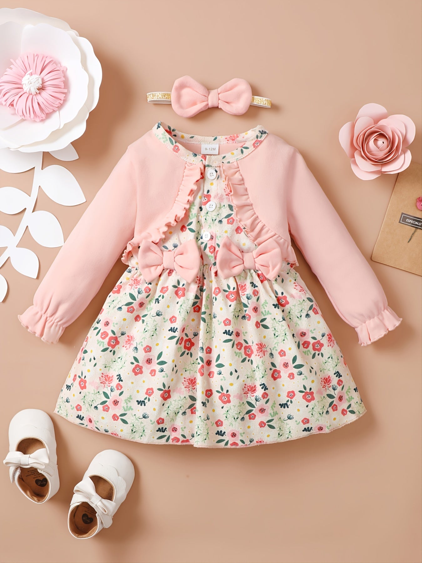 Girls Corduroy Floral Bow Dress Baby Clothes