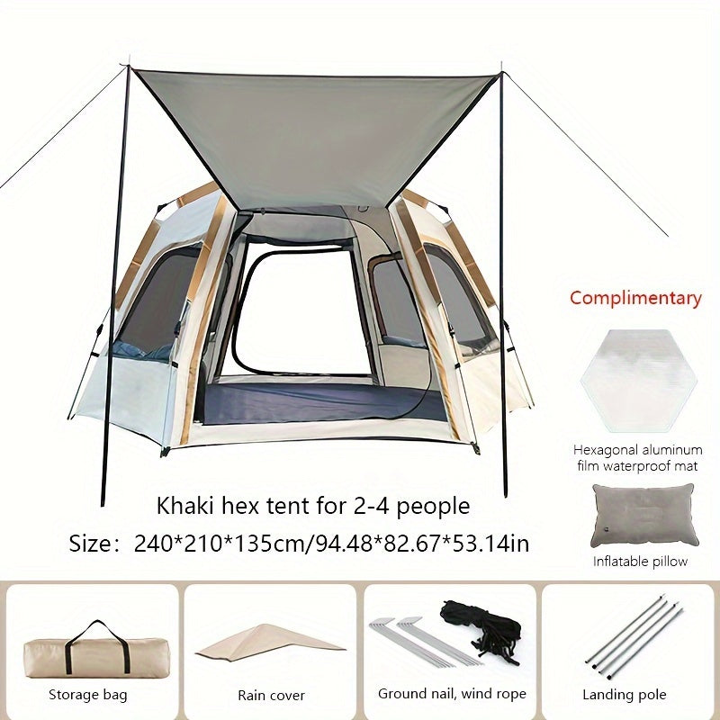 Hexagonal Camping Tent Waterproof Easy Setup 4 Windows 2 Doors Outdoor Hiking