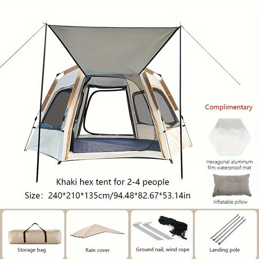 Hexagonal Camping Tent Waterproof Easy Setup 4 Windows 2 Doors Outdoor Hiking