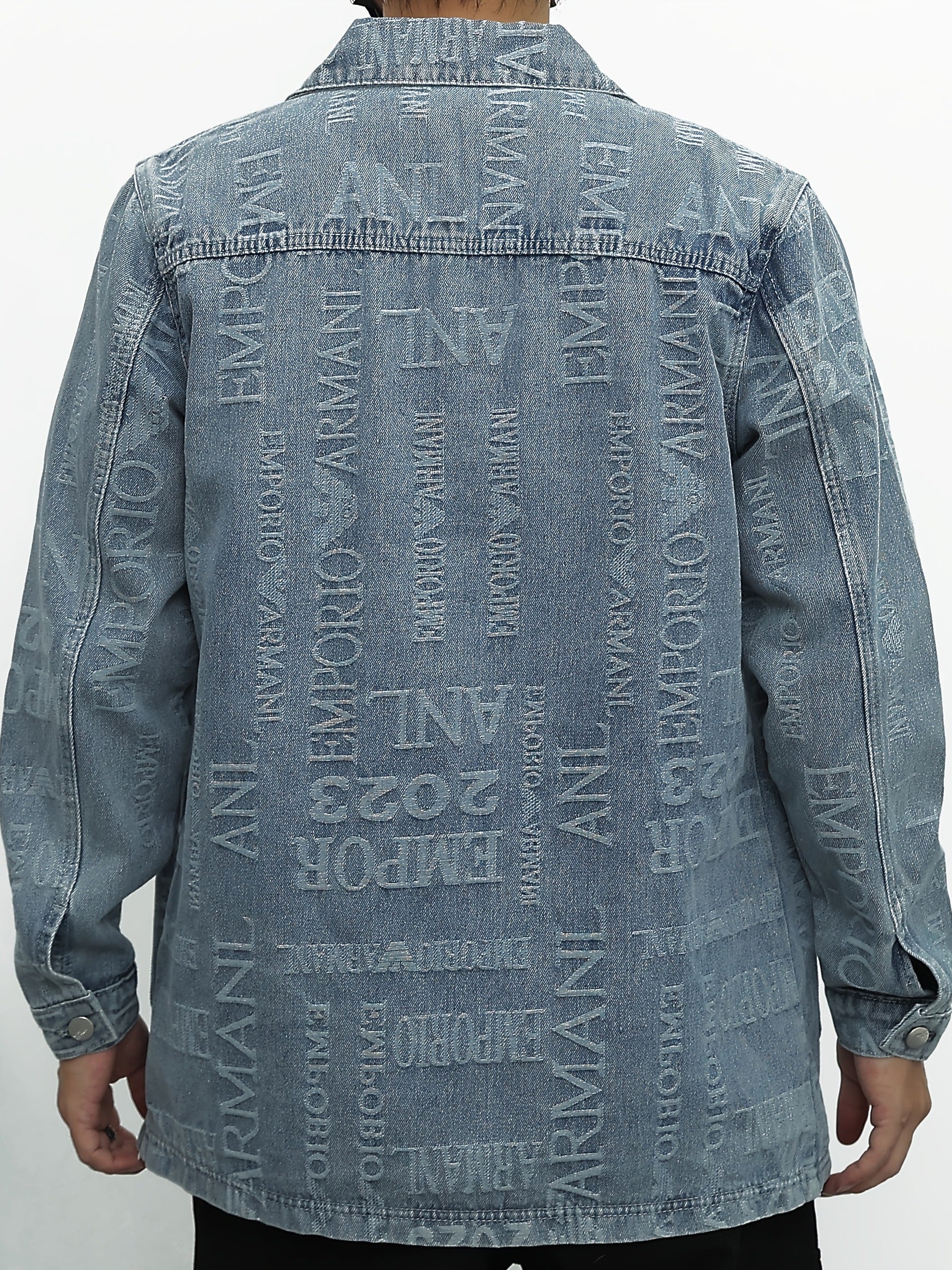 Letter Print Denim Jacket Men's Casual Lapel Button Up Coat
