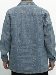 Letter Print Denim Jacket Men's Casual Lapel Button Up Coat
