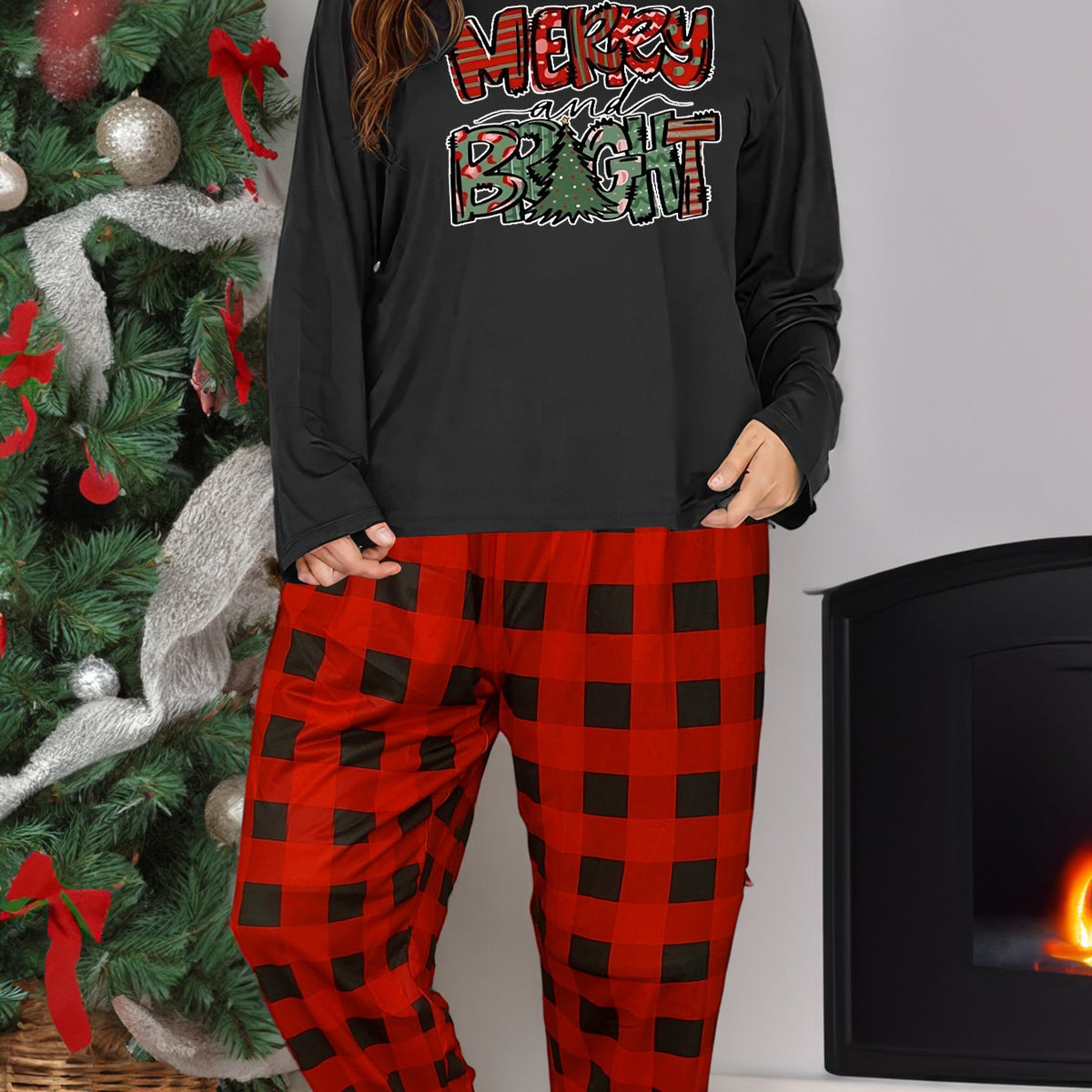  Christmas Lounge Set: Tree Print Tee & Plaid Pants Pajamas