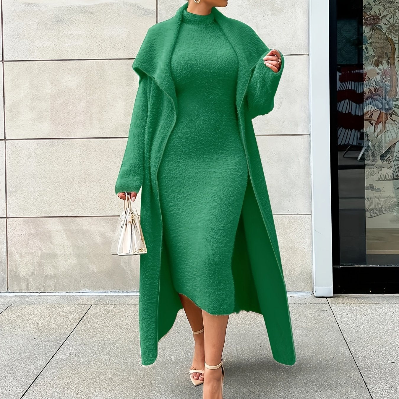  Solid Flannel Cardigan & Midi Dress Set