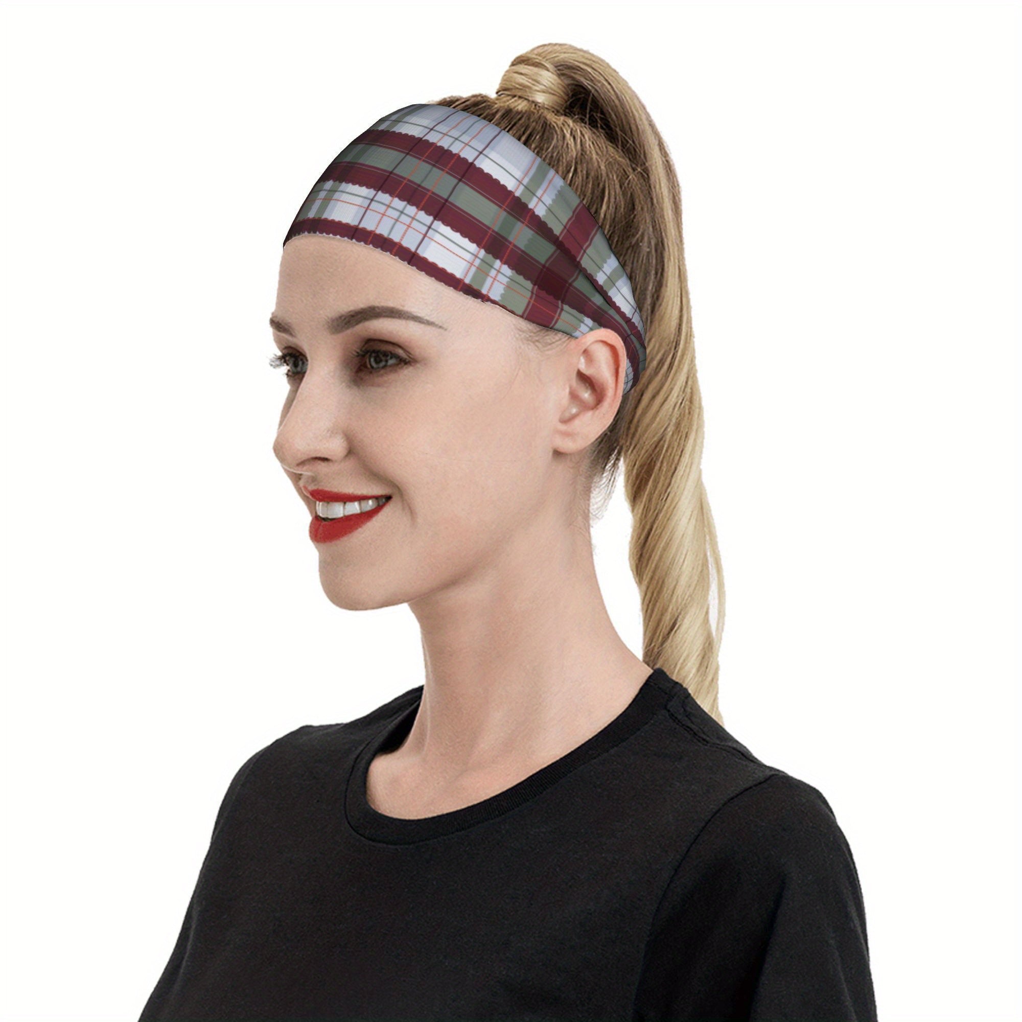 Check Plaid Headband for Sports & Casual Wear Green & Checkered Pattern