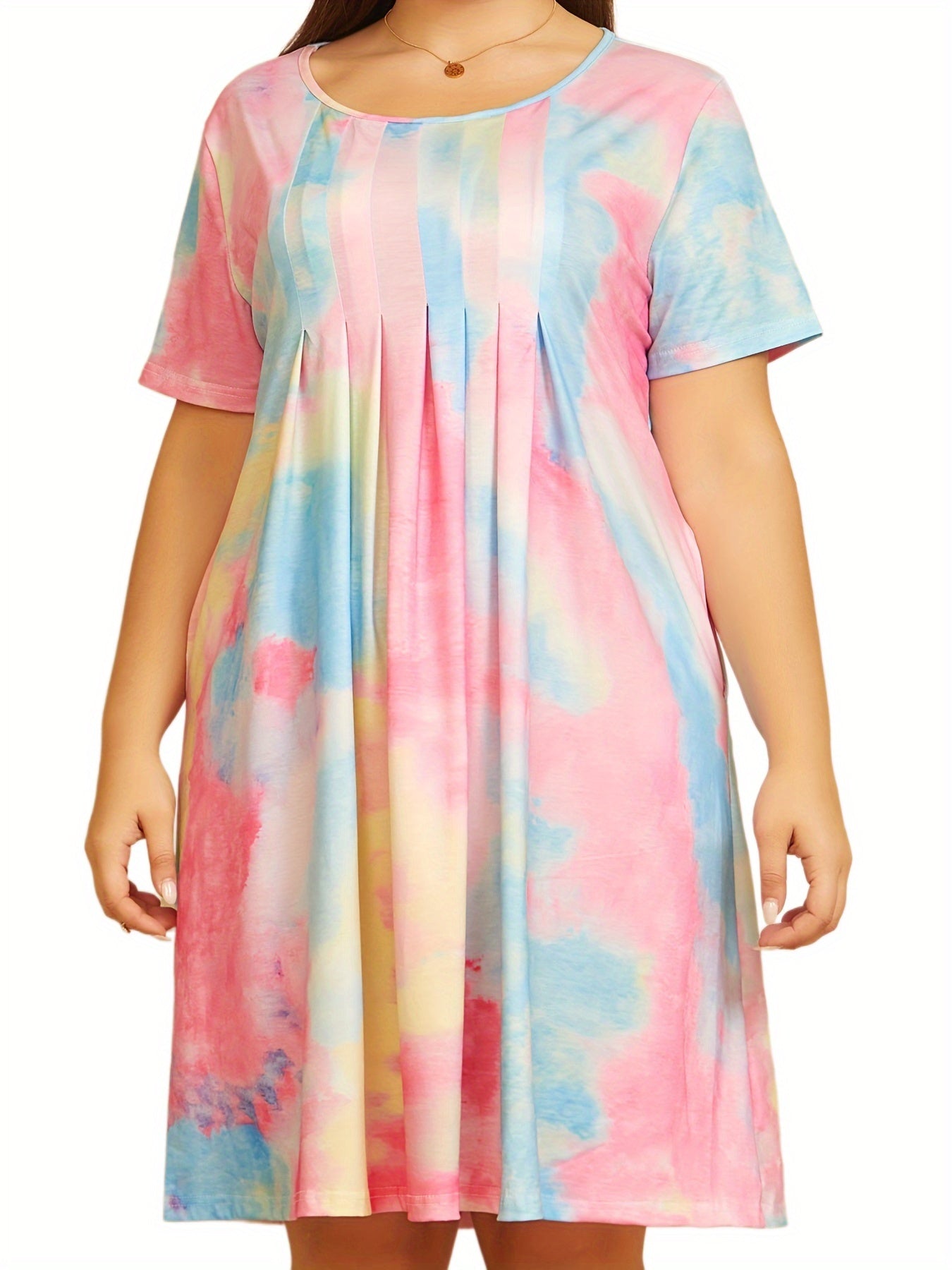  Tie Dye Short Sleeve Pleated Dress With Pockets