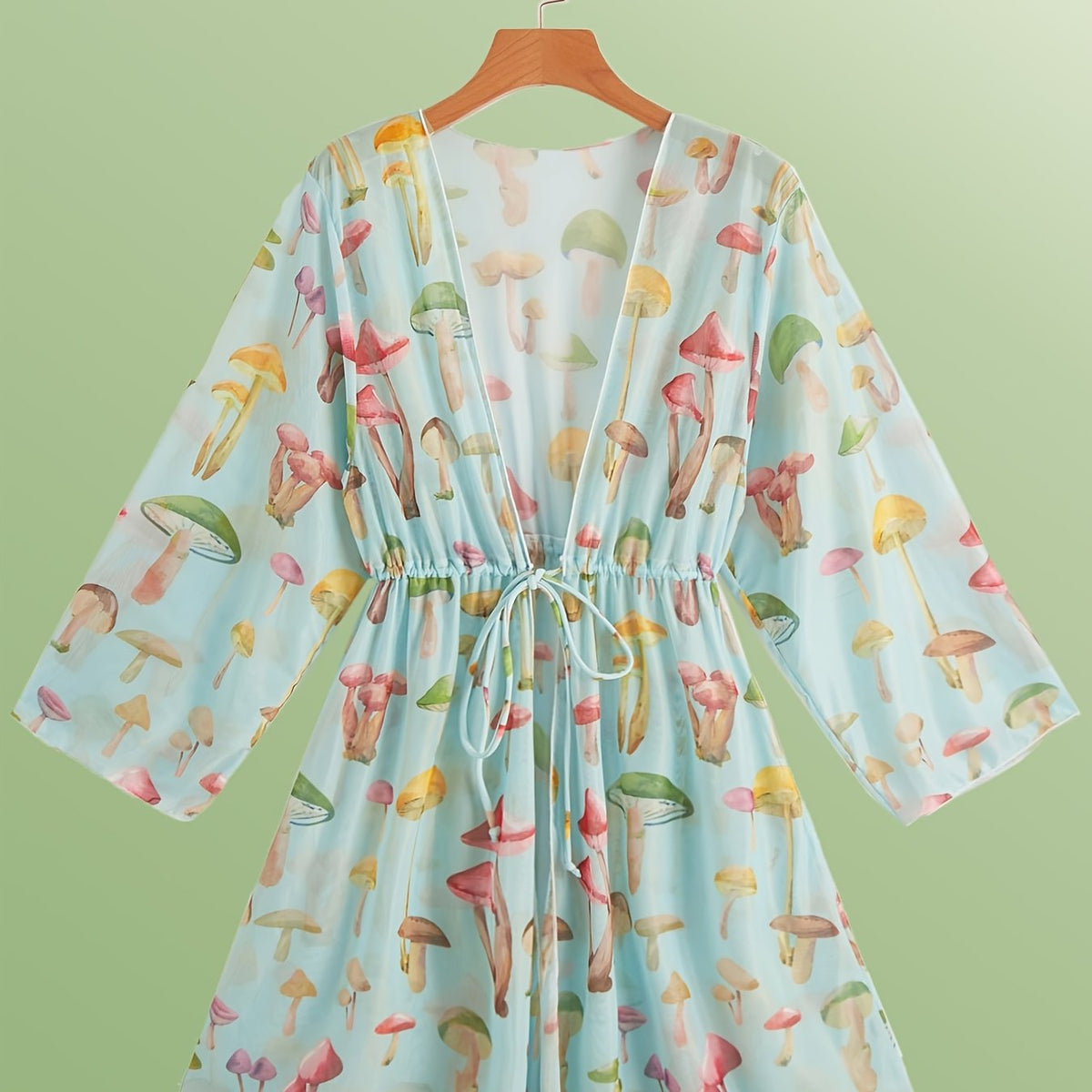 Mushroom Print Kimono Drawstring Long Sleeve Cover Up Shirt