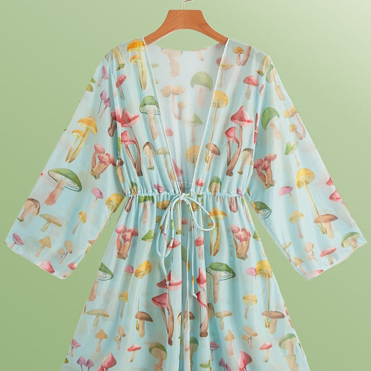 Mushroom Print Kimono Drawstring Long Sleeve Cover Up Shirt