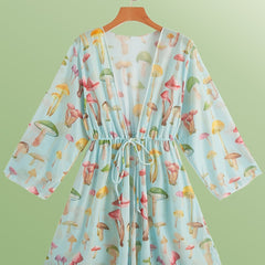 Mushroom Print Kimono Drawstring Long Sleeve Cover Up Shirt