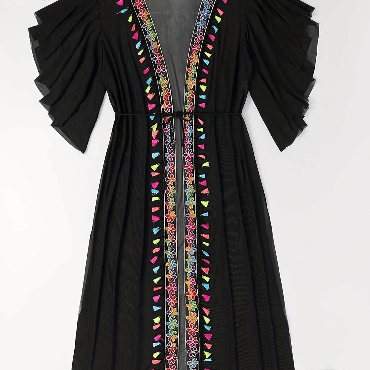 Boho Cover Up Flower Appliques Fringe Trim Ruffle Sleeve Mesh