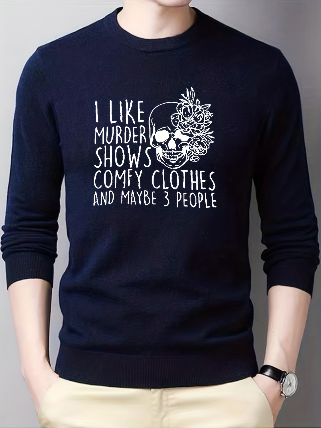 Skull Print Knitted Sweater Men's Crew Neck Pullover for Fall Winter