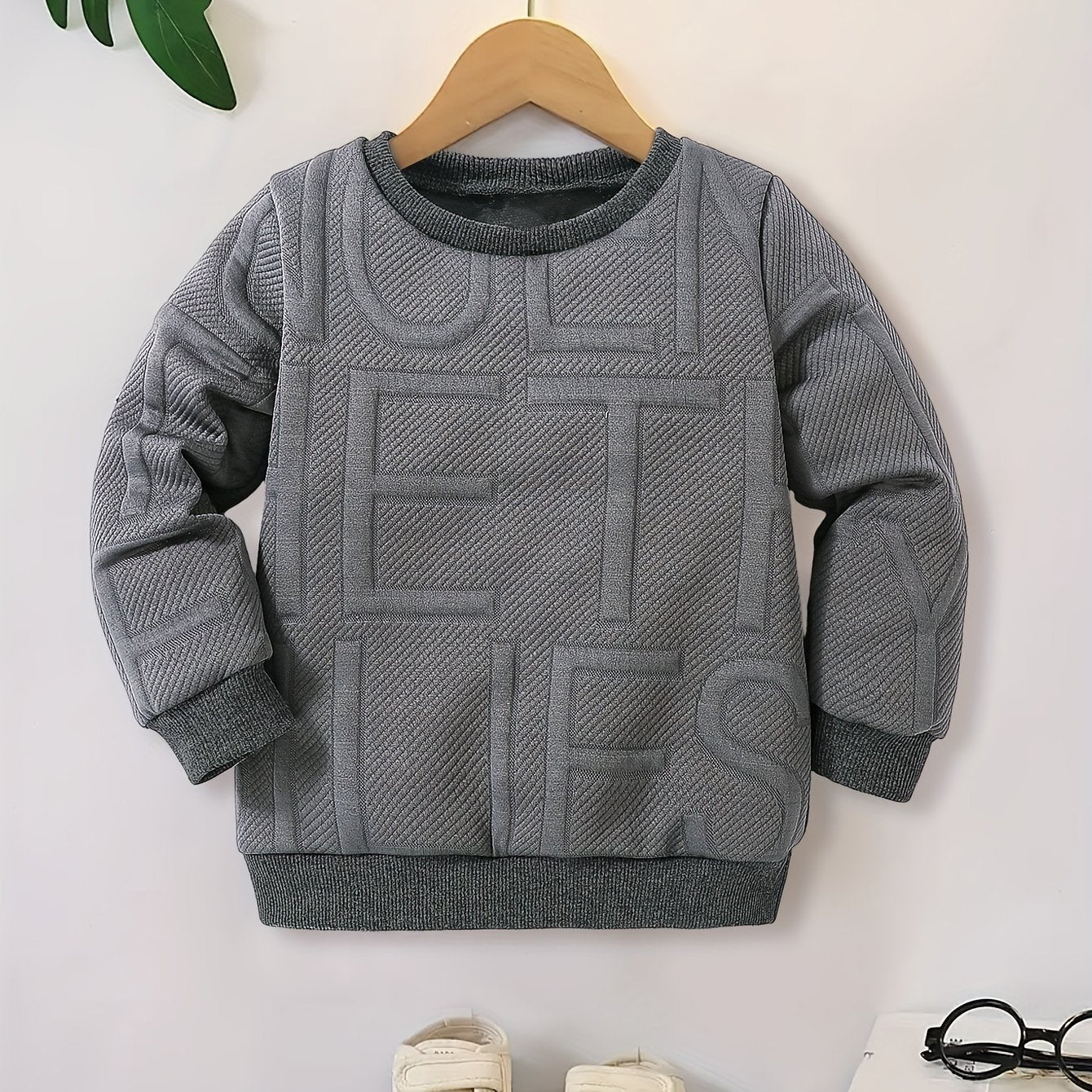 Boys Casual Letter Textured Pullover Sweatshirt