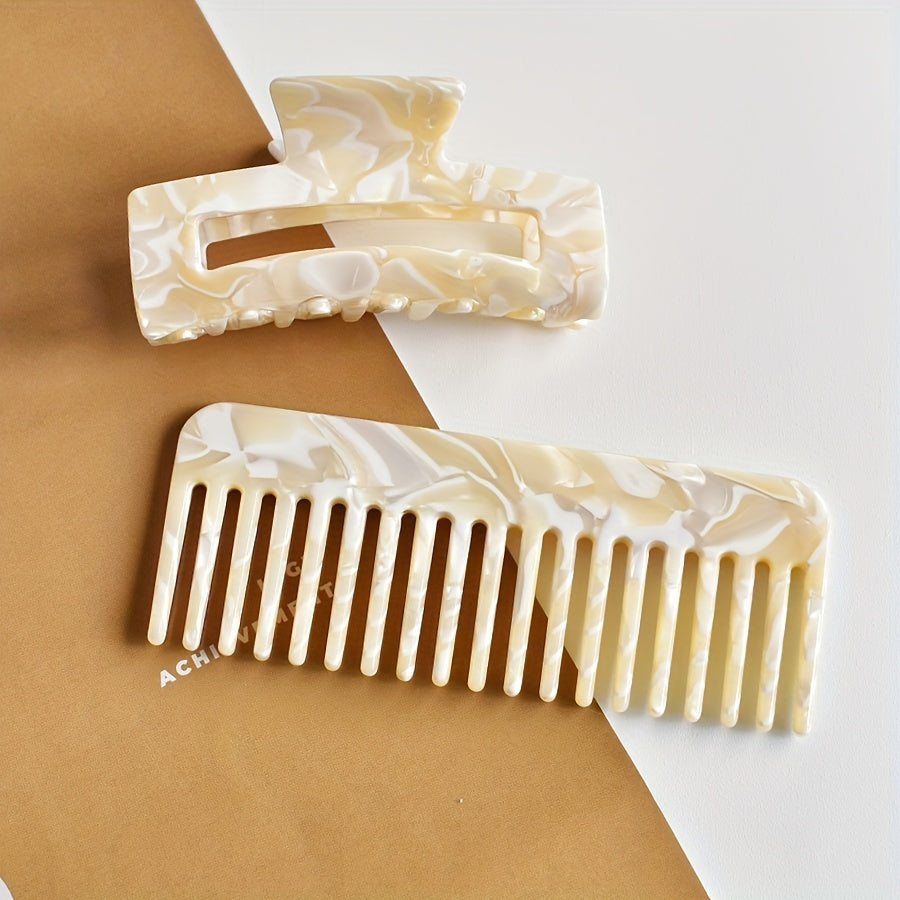 Women's Acetate Comb & Hair Claw Set 2-Piece Portable Wide Tooth Comb & Hollow R