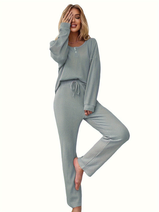 Solid Waffle Lounge Set Long Sleeve Top & Pants Women's Loungewear