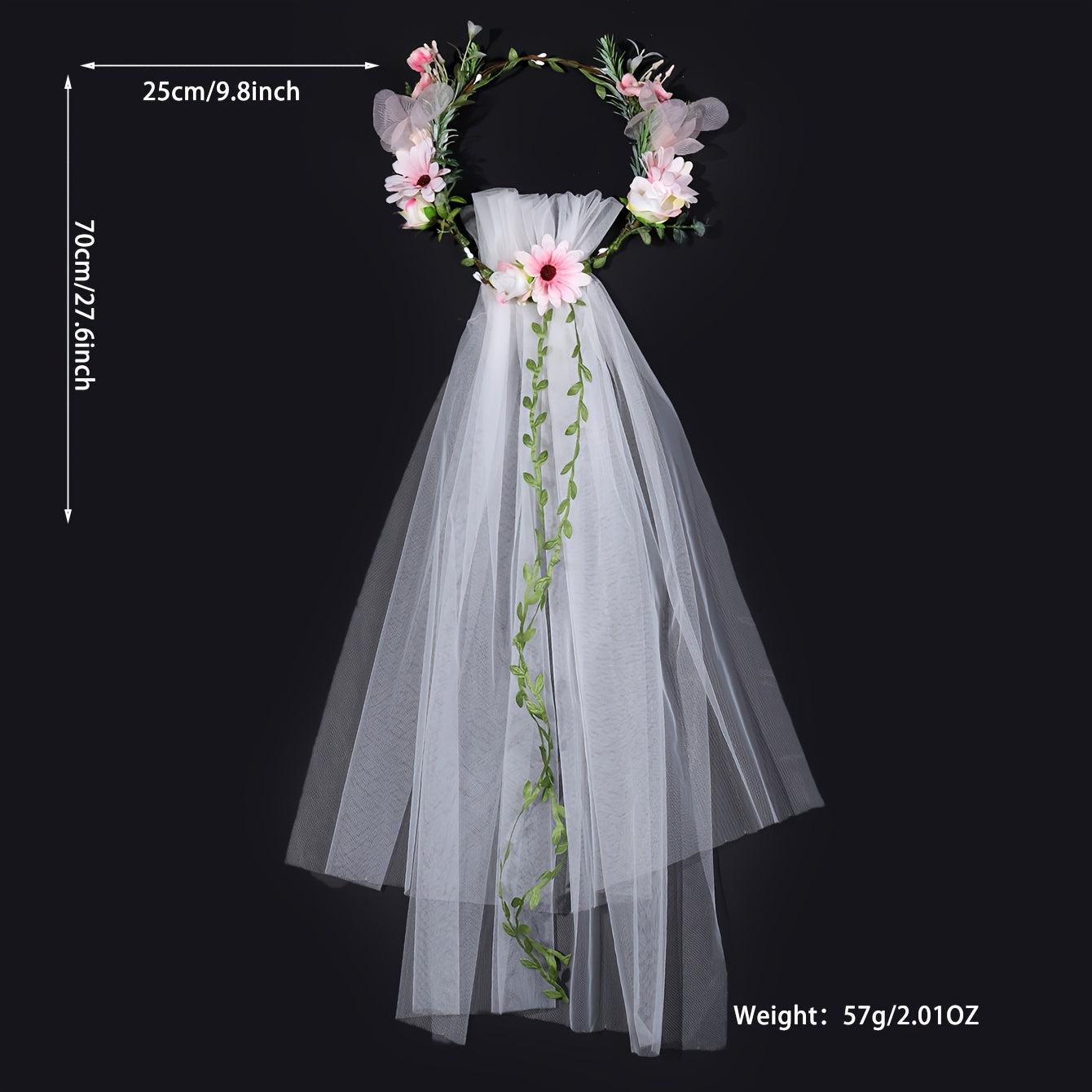 Romantic Pink Floral Bridal Veil with Crown