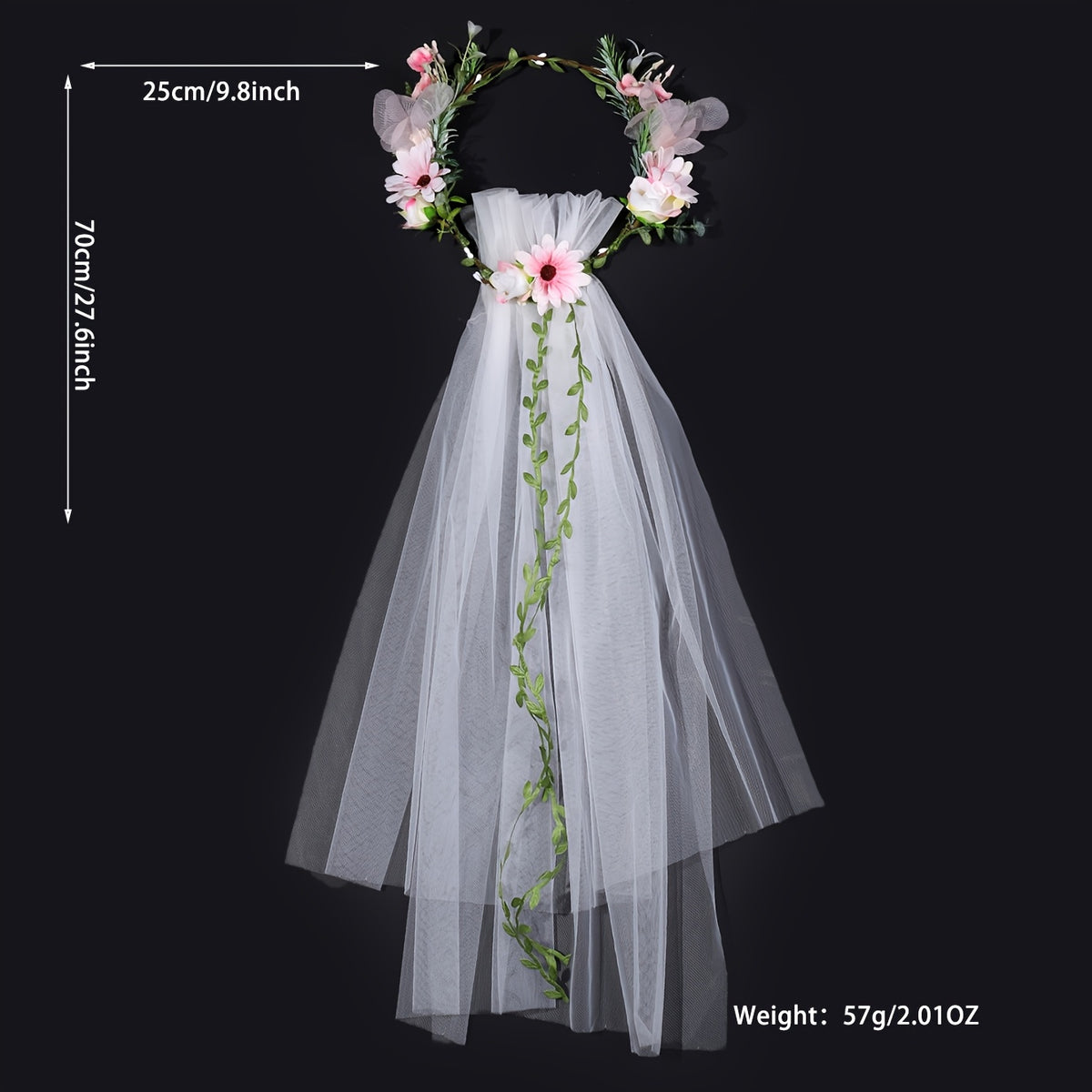 Romantic Pink Floral Bridal Veil with Crown
