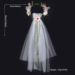 Romantic Pink Floral Bridal Veil with Crown