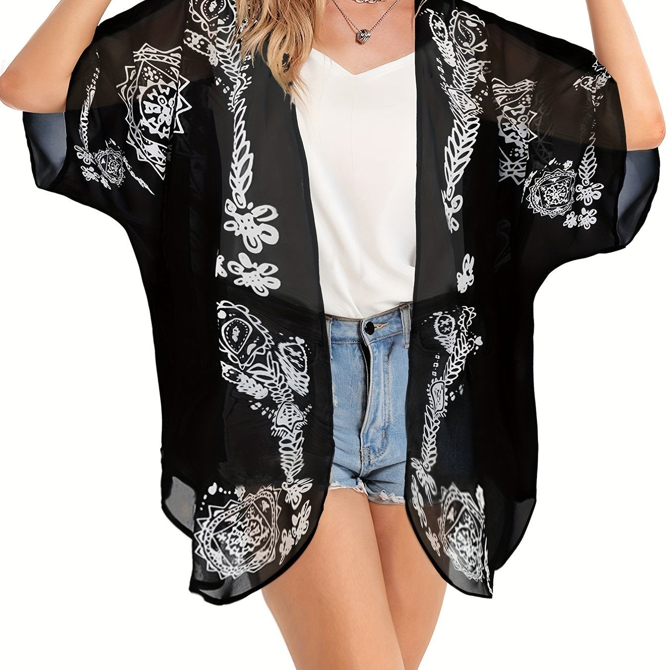 Semi Sheer V Neck Print Cover Up Shirt for Women