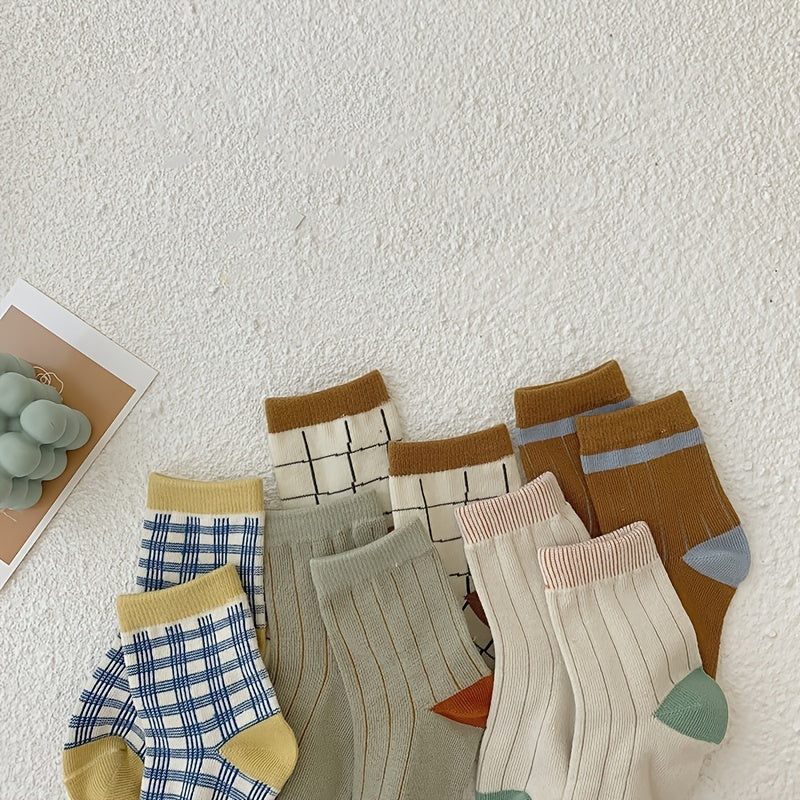 5pairs Unisex Cotton Plaid Mid Tube Socks