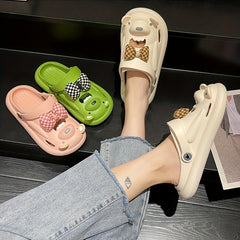Women's Bear Clogs Checkered Bowknot Closed Toe Sandals