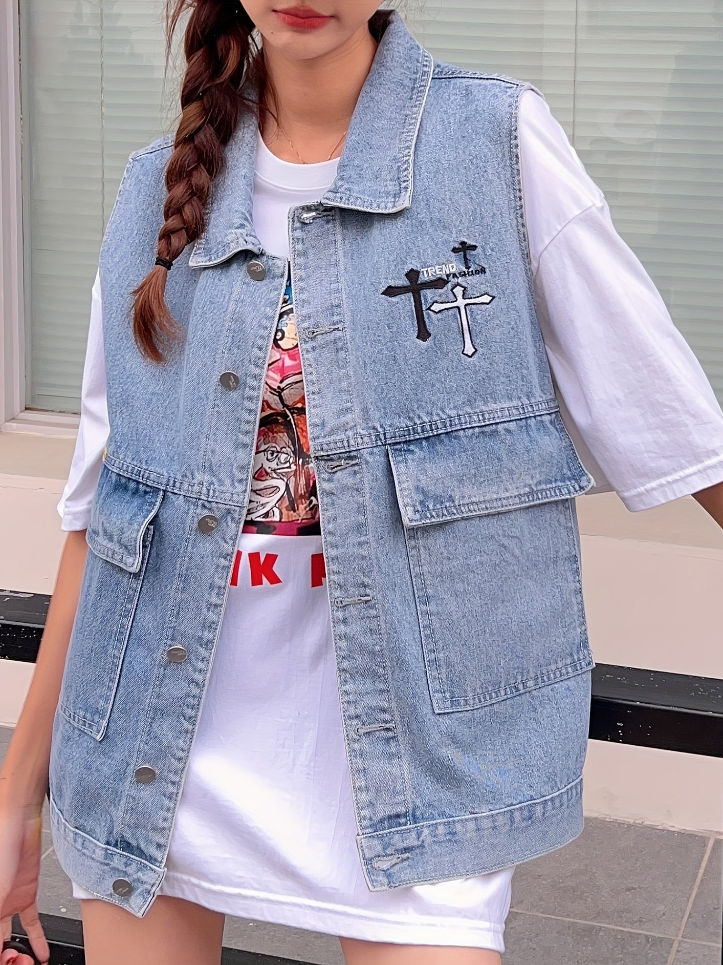  Cross Print Denim Jacket Vest