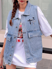  Cross Print Denim Jacket Vest