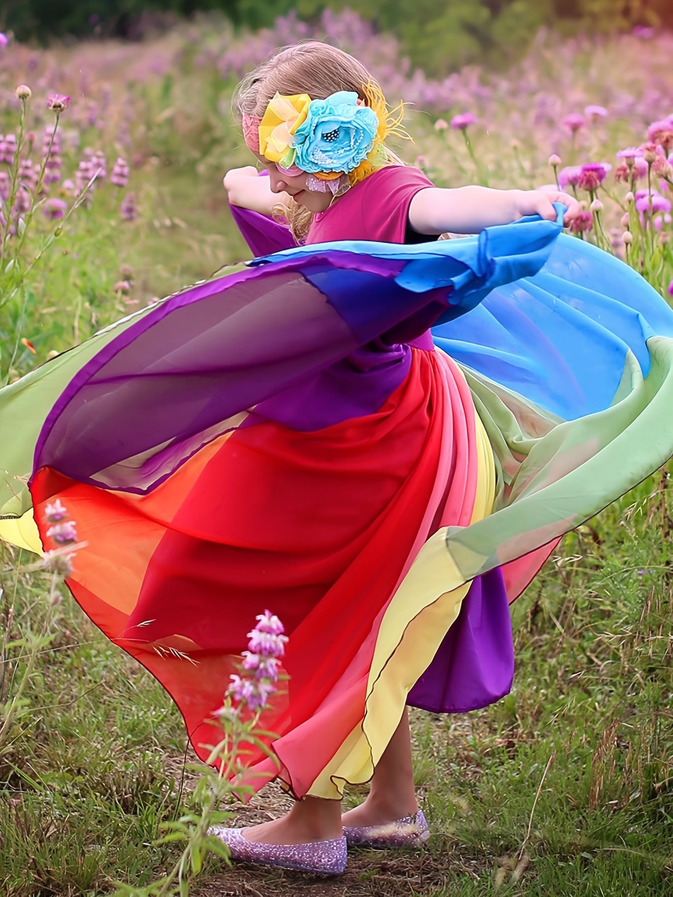 Girls Rainbow Splicing Cotton Dress Kids Summer Clothes