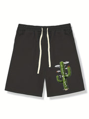Cactus Pattern Comfy Shorts Men's Casual Solid Elastic Waist Drawstring Shorts