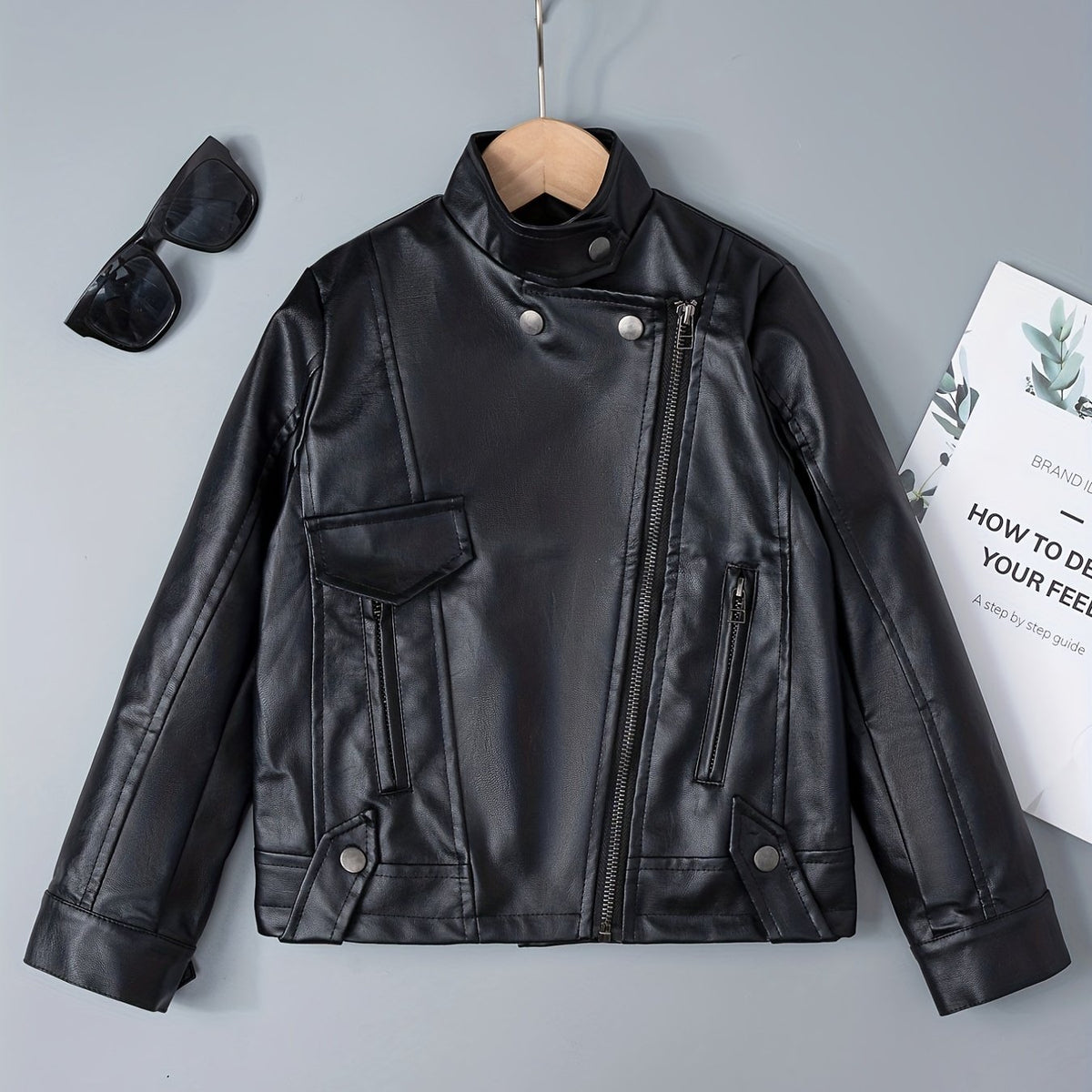 Boy's Faux Leather Jacket Zipper for Spring Autumn
