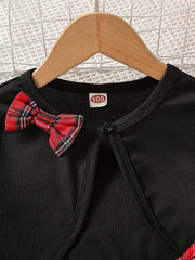 2pcs Girls Plaid Tunic Dress Bow Shawl Cover Up Tops
