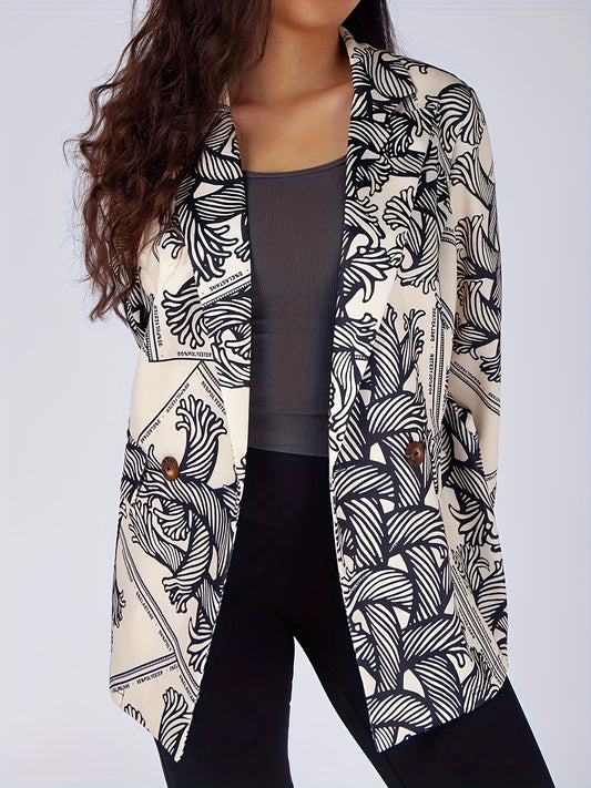  Women's Allover Print Double Breast Button Blazer