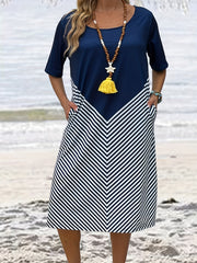  Colorblock Strip Short Sleeve Dress With Pockets