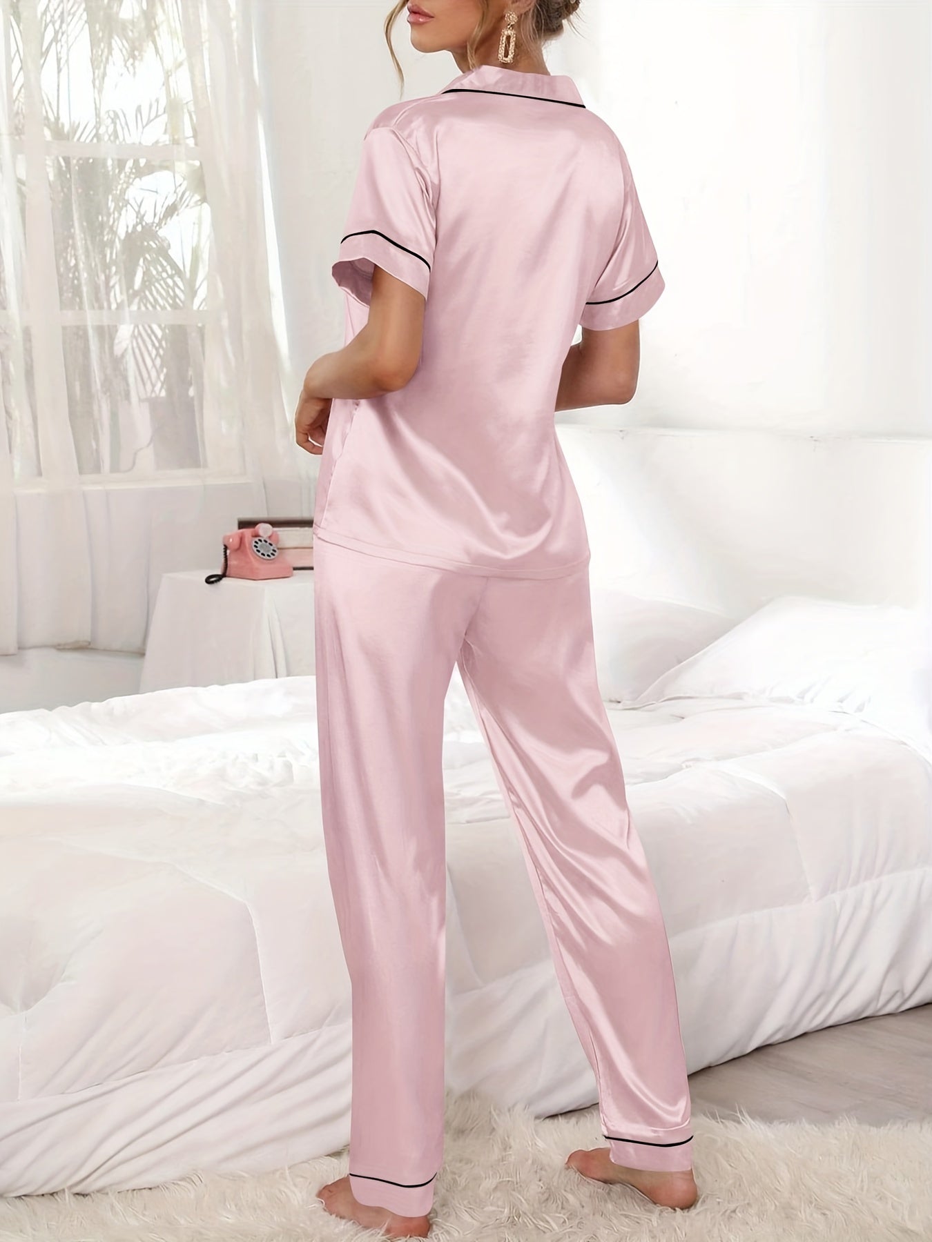 Satin Pajamas Set Short Sleeve Top & Pants Women's Sleepwear