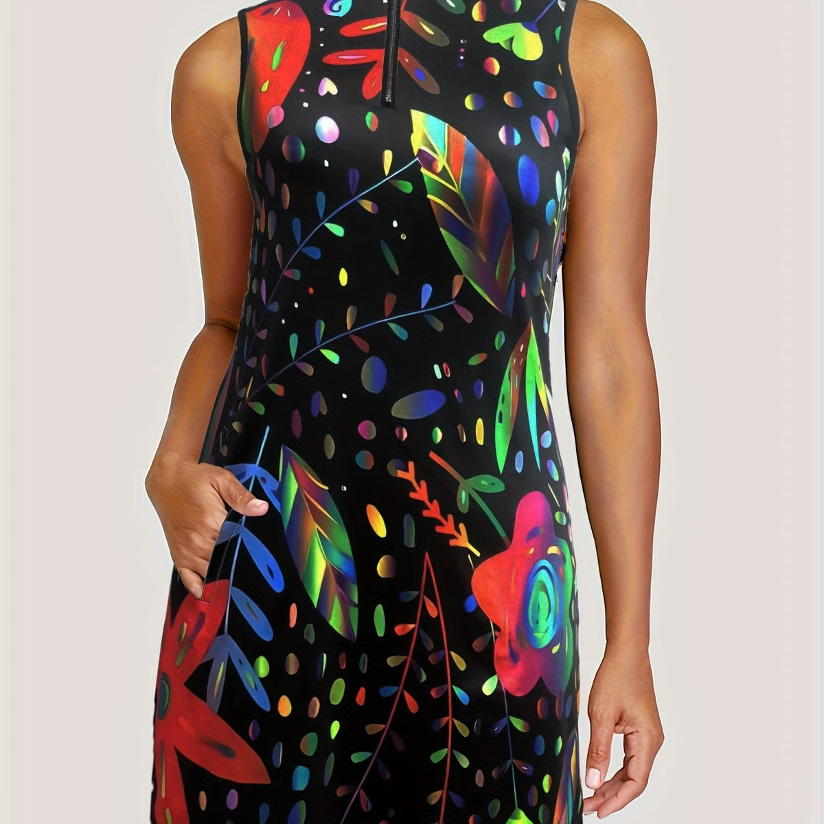 Floral Print Zip Up Stretch Tank Dress w/ Pockets - Plus Size