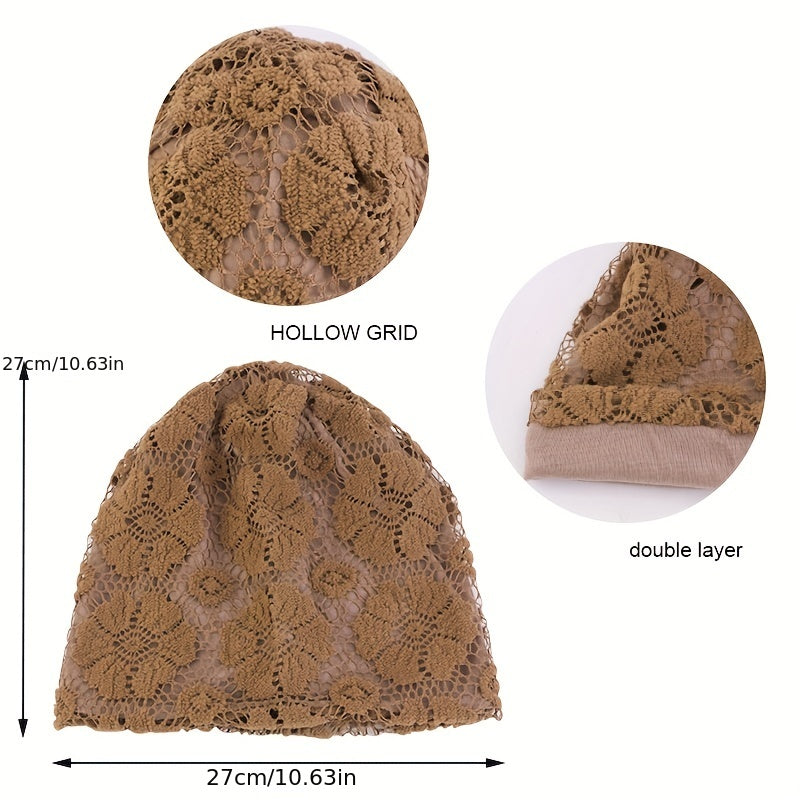 Double Layer Lace Beanies Turban Cap Solid Head Wrap Elastic Skull Cap