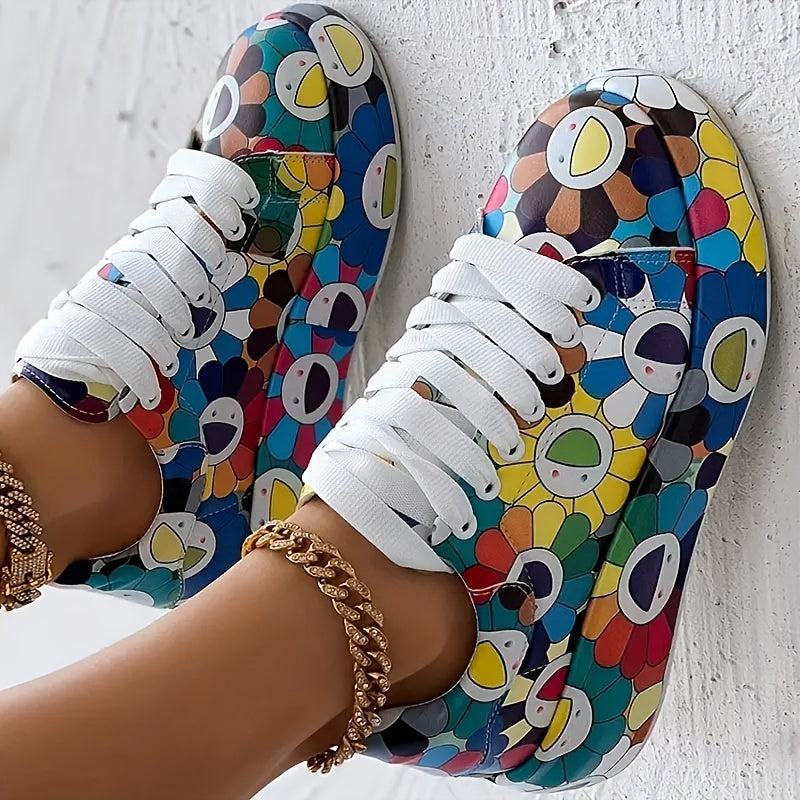 Women's Sunflower Print Lace-Up Platform Sneakers