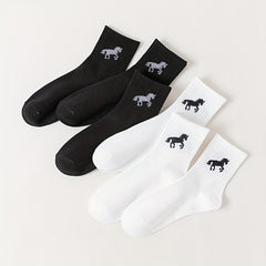 6 Pairs Horse Pattern Ribbed Socks Women's Stockings